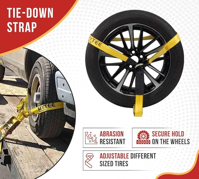 Mytee Products (8 Pack) 2" x 120" Car Tie Down Straps for Trailer with Flat Hook - 3333 LB WLL Lasso Style Tire Straps for Car Trailer with Ratchets - Vehicle Tie Down Wheel Straps for Hauling Cars