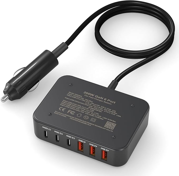 2026 New 200W GaN Fast Car Charger USB C 6-Ports Compatible with MacBook Pro/Air, Dell XPS, Lenovo ThinkPad, PD3.0 & PPS for iPhone 17/16 Series, Galaxy S26/S25 Ultra