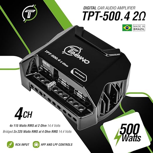 Timpano 4 Channel Amplifier Car Audio 4 x 125 Watts 2 Ohm, TPT-500.4 2 Ohm Small Mini Stereo Amp 12 Volts Full Range Class D - Bridgeable Car Amplifier