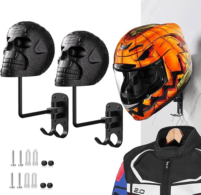 2 Pack Metal Skull Helmet Rack Wall Mount, Motorcycle Helmet Holder 180° Rotation Wall Mount Mount with 2 Hooks for Motorcycle Bike Baseball Rugby Black