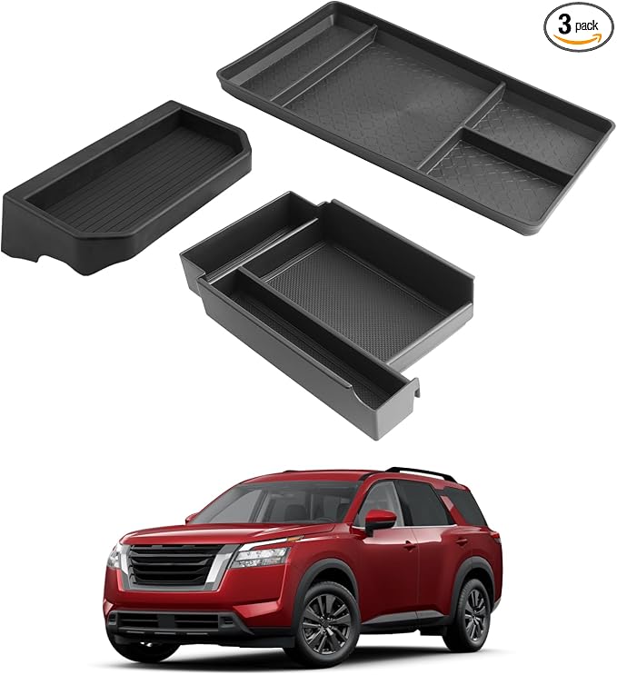 Organizer Set For 2022-2025 Nissan Pathfinder - 3 Pcs Armrest Box Storage Tray + Lower Center Console Organizer Tray + 9-Inch Behind Screen Organizer For 2022-2025 Pathfinder(SL/Platinum) Accessories