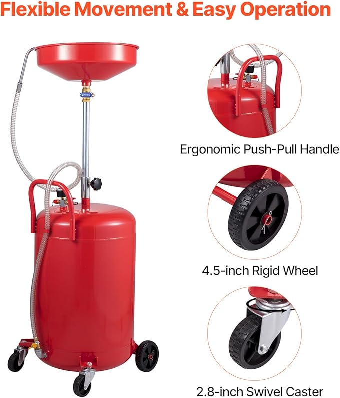 VEVOR 20-Gallon Waste Oil Drain Tank, Air Operated Portable Oil Drainer with Adjustable Funnel Height, Fluid Fuel Transfer Drainage with Wheels, Oil Change Container for Auto Repair Shops, Garages | Air Operated, Portable Oil Drainer, Adjustable Funnel...