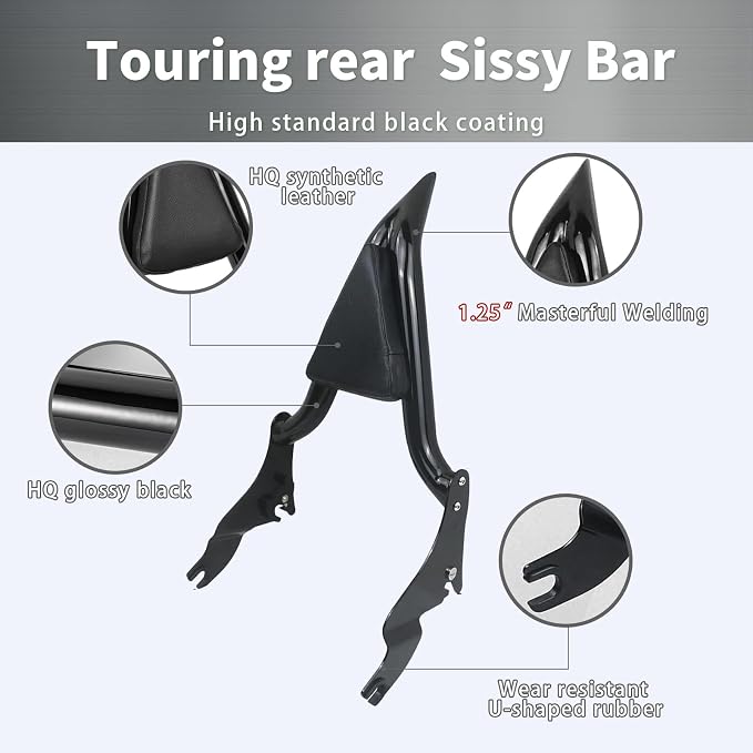 Detachable Sissy Bar Passenger Backrest 22" Inch Rear Pad for 2009-2024 Harley Touring Road King Ultra CVO Limited Street Glide Road Glide Electra Glide，Black