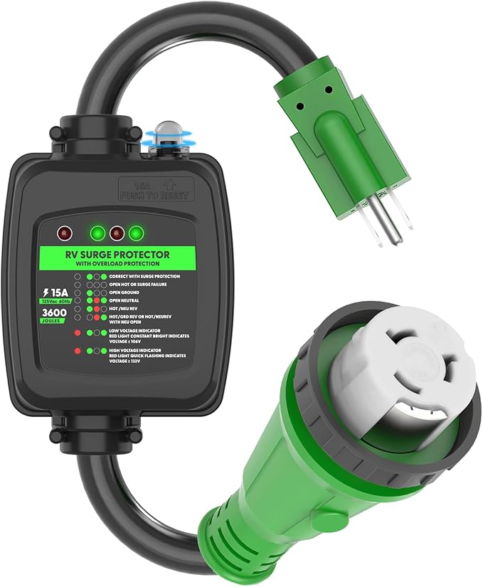 RVGUARD Surge Protector 50 Amp to 110 Volt RV Adapter Cord with Overload Protection, NEMA 5-15P to NEMA SS2-50R Electrical Power Adapter, 2 Feet, Green, ETL Listed