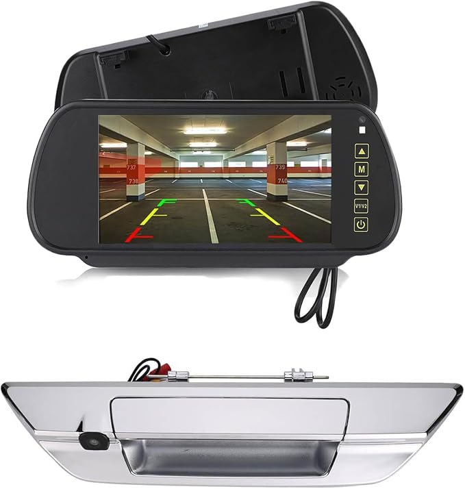 Car Rear View Trunk Handle Parking Reverse Backup Camera HD Waterproof for Toyota Hilux 8 MK8 Pickup Truck Masters OX AN120 AN130 Revo Recco/Invincible 50 2015-2019(with 7-inch Rearview Mirror)