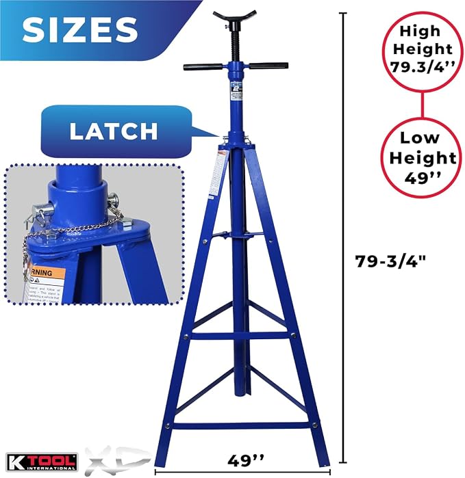 K Tool International XD61002 2 Ton Automotive Under Hoist Tripod Stand for Garages, Repair Shops, and DIY, 4,000lb. Capacity, Support Range 49"-79.75", Heavy Duty Steel, 24" Base, 3.25" Saddle, Blue