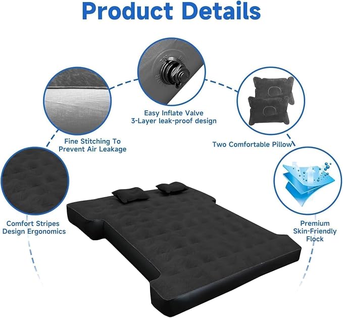 Umbrauto 6-6.5ft Mid SizeTruck Bed Air Mattress for Short Beds, Inflatable Mattress with Pump for MidSize Pickup Bed Tent Camping, Pick Up Truck Sleeping Pad for Camping