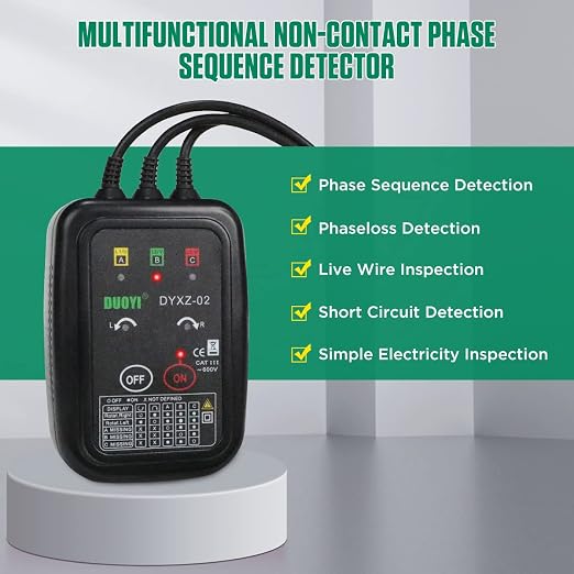 3 Phase Rotation Meter Non Contact Phase Sequence Tester 70V-600V AC Voltage Tester Short Detection, Live Wire Inspection Rotation Meter, with 23.62inch Cable Length,Carrying Bag