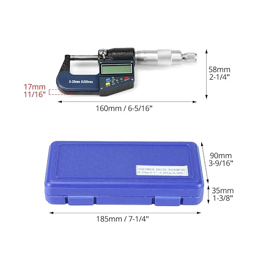 QWORK Digital Outside Micrometer with Carbide Tip, 0-1 Inch / 0-25 mm Measuring Range, High Accuracy ±0.002 mm, LCD Display