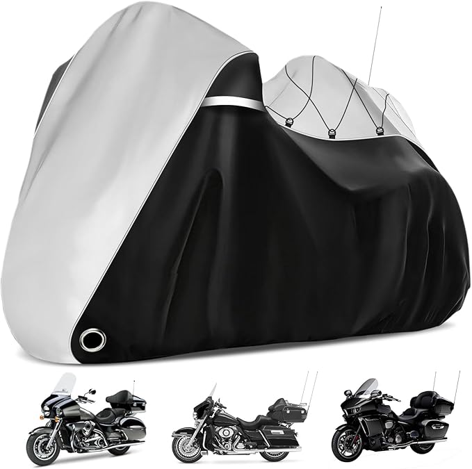 COVERVIN Motorcycle Cover with Side+Top Box Heavy Duty 420D Waterproof for Harley Davidson Ultra Ltd, Road Glide Ltd, Honda Gold Wing, Road Master, Indian, Indoor & Outdoor Storage (Black&Silver)