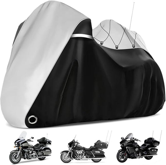 COVERVIN Motorcycle Cover with Side+Top Box Heavy Duty 420D Waterproof for Harley Davidson Ultra Ltd, Road Glide Ltd, Honda Gold Wing, Road Master, Indian, Indoor & Outdoor Storage (Black&Silver)