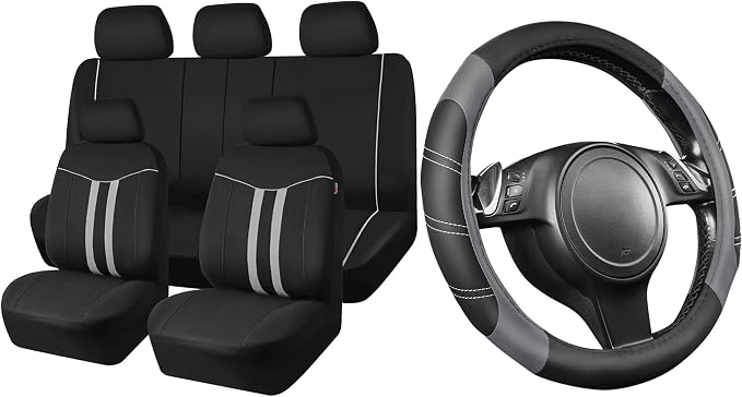 CAR PASS Line Rider Microfiber Leather Sporty Steering Wheel Cover and Sporty Cloth Full Set Car Seat Covers,Fits for 95% Truck,SUV,Cars, Anti-Slip Safety Comfortable Desgin (Black Gray)