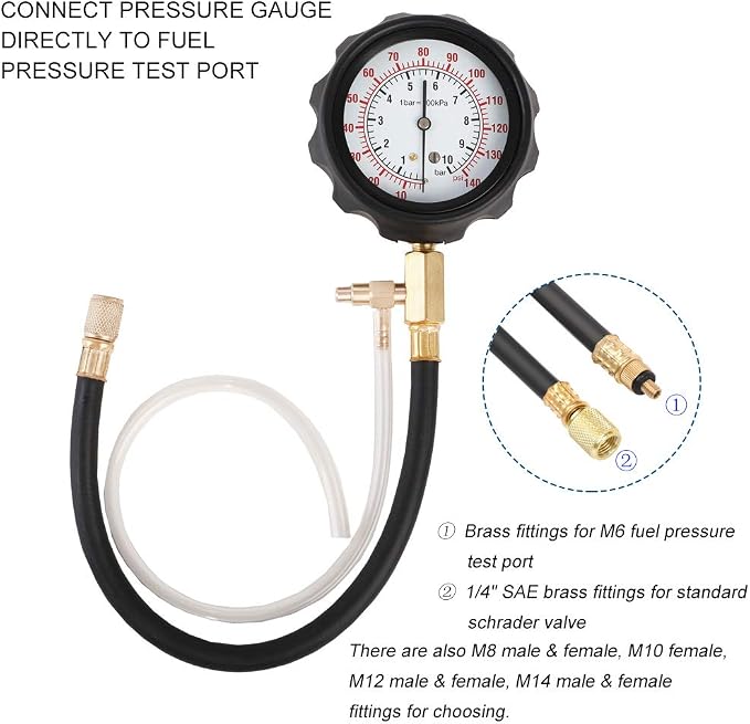 JIFETOR Fuel Injection Pump Pressure Tester Gauge Kit, Car Gasoline Gas Fuel Oil Injector Test Manometer Tool Set 0-140PSI, Universal for Auto Truck SUV Motorcycle ATV RV