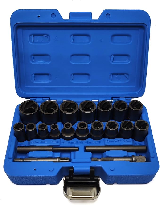21PCS Twist Lug Nut Socket Set - 3/8 inch Drive Damaged Nut Lock Remover Extractor - Rusted & Strip & Stripped & Stuck Locking Nut Removal Tool Kit