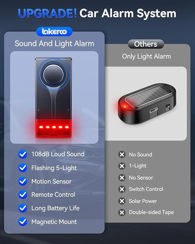 108dB Car Alarm System, Car Anti-Theft Vibration Sensor Alarm & Red Light, 2 Wireless Remote, Anti Theft Vehicle Device with Magnetic Install Design for RV, SUV, Truck (Upgrade 4.0)