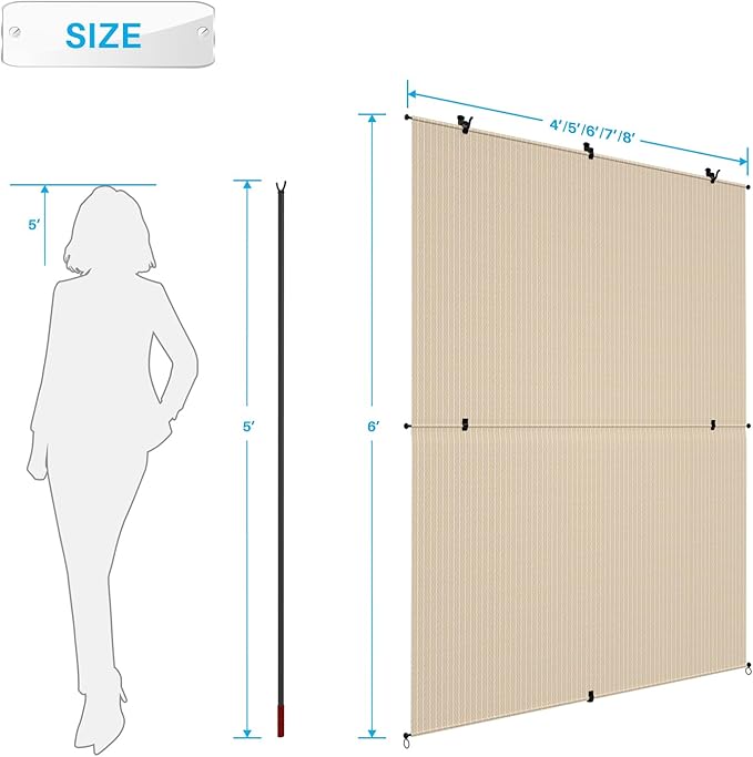 Patio Shades Roll Up Outdoor 6'Wx14.5'H Foldable Roller Shade Patio Blinds Exterior Block Sun Screen for Outside Porch Deck Balcony Pergola Carport, Beige