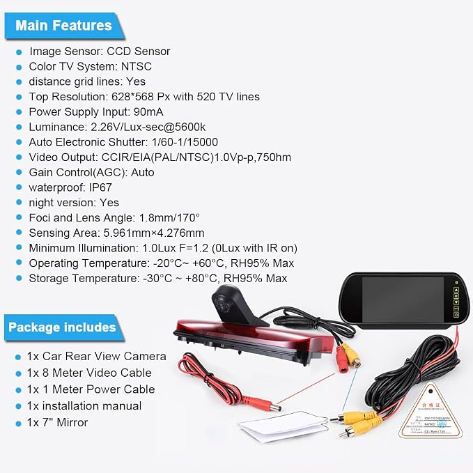 Car Third Roof Top Mount Brake Light 3 Brake Stop lamp Rear View Camera, HD Night Vision Waterproof for Ford Transit Connect 2014-2017 Transporter Business MPV SUV Bus(with 7-inch Rearview Mirror)