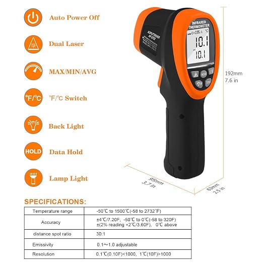 -58℉~2732℉ Industrial Pyrometer,Infrared Thermometer Temperature Gun,30:1 Dual Laser Industrial IR Temperature Gauge,Adjustable Emissivity (NOT for Human Temp Test)