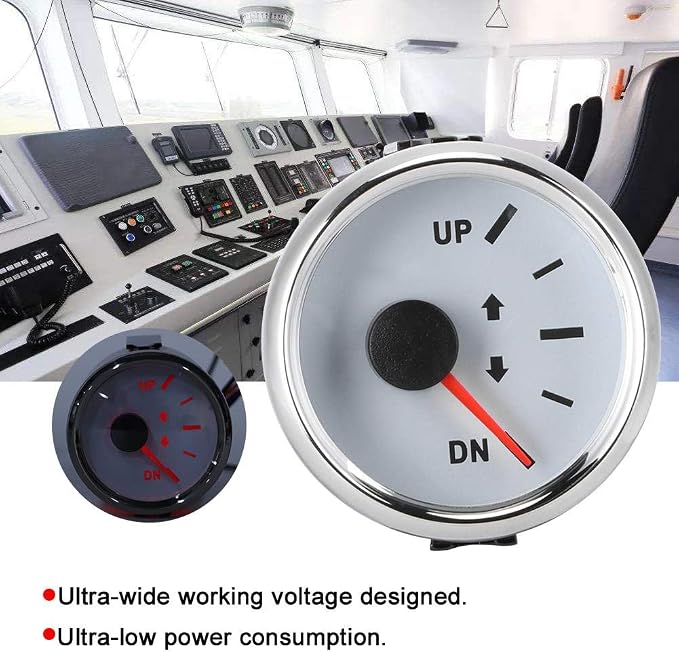 Boat Marine Trim Gauge 52mm/2in UP-DN Boat Gauges Set 0-190ohm Trim Tilt Indicator Red Backlight (White Dial Silver Frame)