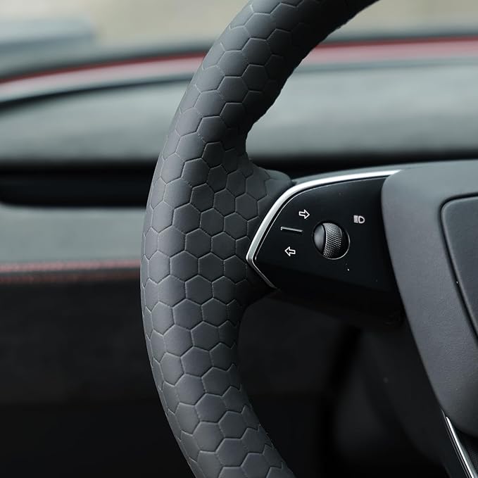 MEWANT Hand Stitch Black Hive Embossed Faux Leather Steering Wheel Cover for Tesla Model 3 Highland 2025 Model Y Juniper