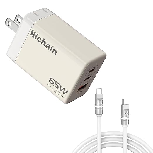 Hichain 60W USB C Cable USB Charger Block, 65 WWall Charger USB Cable, Durable Phone Charger Cord Data Transfer Cord for Phone 17/16, Tablet, Laptop, 4 FT White