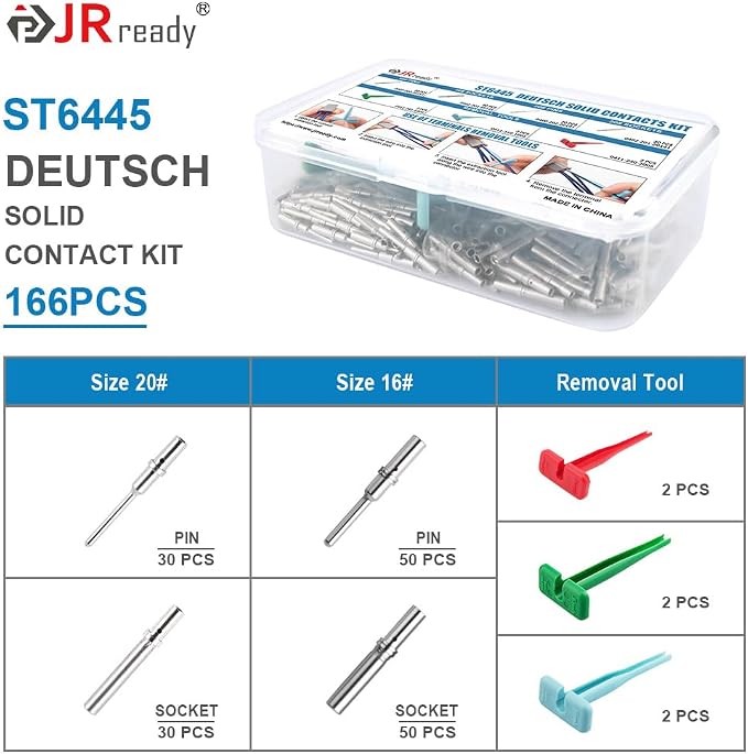 JRready ST6445 Deutsch Solid Pin Kit, Barrel Style Contacts Size 16# 20# Male Female Terminal for DT, DTM, HD Series Connector with Deutsch Pin Extractor Tool