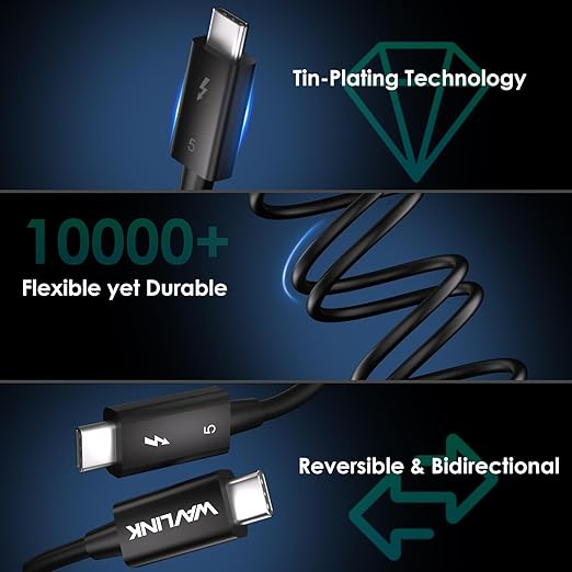 WAVLINK Thunderbolt 5 Cable, 120Gbps Fast Data Transfer and 240W Power Delivery USB-C Cable, 8K/16K Display Support, Backwards Compatible TB4/3/USB4/3, Ideal for Gaming, Laptops, Monitors, Docks-2.6ft