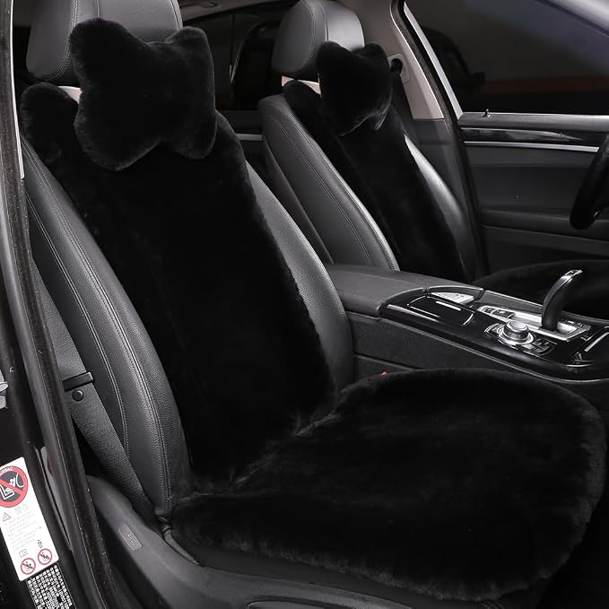 OGLAND 2 Pack Fuzzy Sheepskin Car Seat Covers| Fluffy Front Seat Cushions | Plush Soft Fur Protectors for Car Bucket Seats Accessories| Year-Round Comfort for Long Road Trips | Black