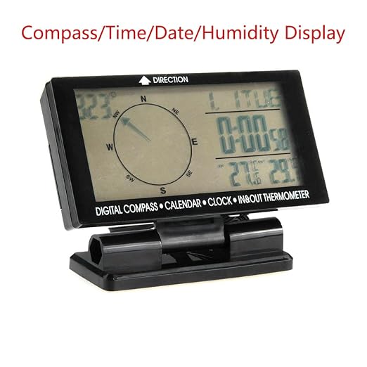 Digital Car Thermometer Black with Blue Backlight Compass Clock with Large LCD 3.9inch