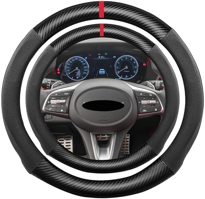 Suede Carbon Fiber Steering Wheel Cover, Compatible with Genesis G70 G80 GV60 GV70 GV80 15 inch Soft Suede Touch Leather Sport Non-Slip Automotive Interior Accessories