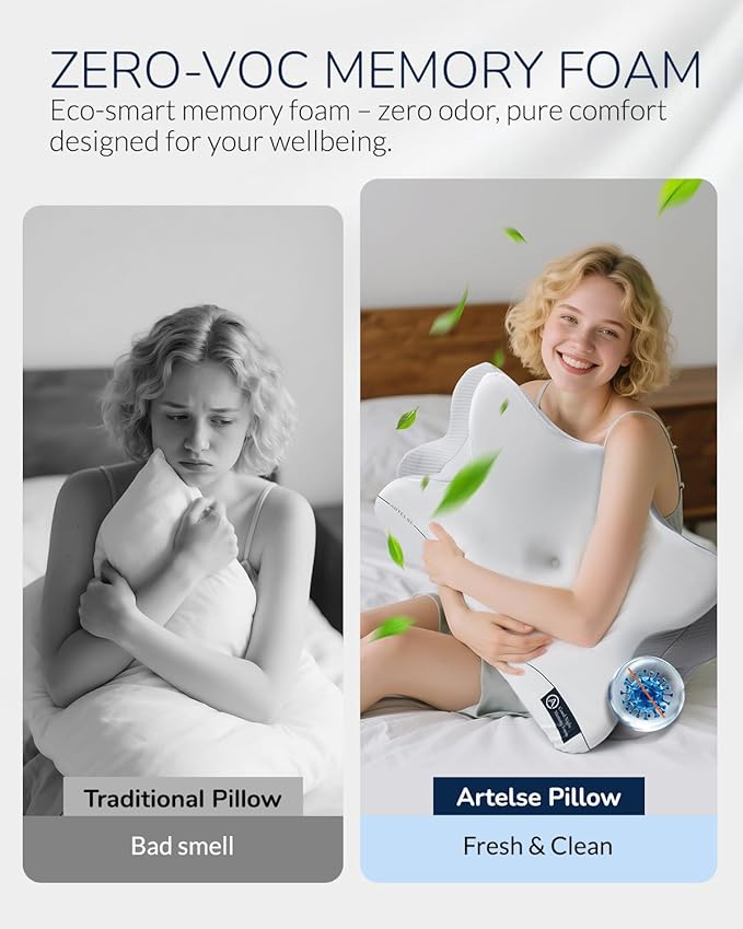 Cervical Neck Pillow for Side & Back Sleepers, Ergonomic Memory Foam Pillow for Sleep Apnea, Neck Pain Relief, Neck Support Pillow with Breathable Pillowcase