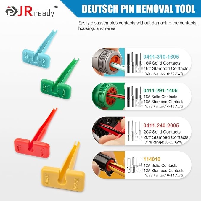 JRready 188PCS Deutsch Connector Pin & Socket Kit, Barrel-Style Solid Terminals Size 12/16/20, 12–22 AWG, with Pin Removal Tool, for DT/DTM/DTP/DTHD/HD Series