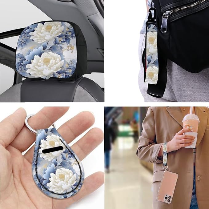 Carnation Flower Hand Drawing Car Seat Cover Full Set Universal Floral Art Painting 13 Pcs for Front and Back Seat Cover Keychains for Trucks Sedan SUV