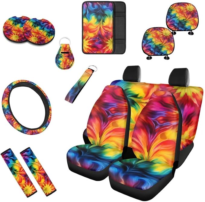 Rainbow Tie-Dye Print 13 Pcs Universal Car Seat Covers Set, Colorful Abstract Art Painting Steering Wheel Cover Cup Coasters Trucks Sedan SUV Cover Armrest Cushion Pad