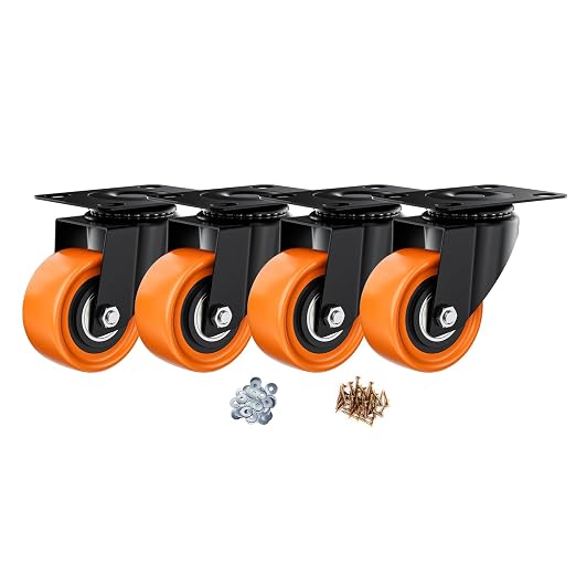 2" Swivel Plate Casters Set of 4 Heavy Duty 400 lbs | Orange PU, Non-Marking, Quiet. 400 Lbs/4 Casters. No Brake - Continuous Rolling. Black Rustproof Bracket. Workshop, Garage