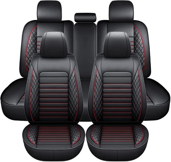 otoez Car Seat Covers Full Set, Black Leather Seat Cover Universal Fit for Most Car SUV Sedan Pick-up Truck, Waterproof Automotive Front and Back Seat Protector (Red+Black)