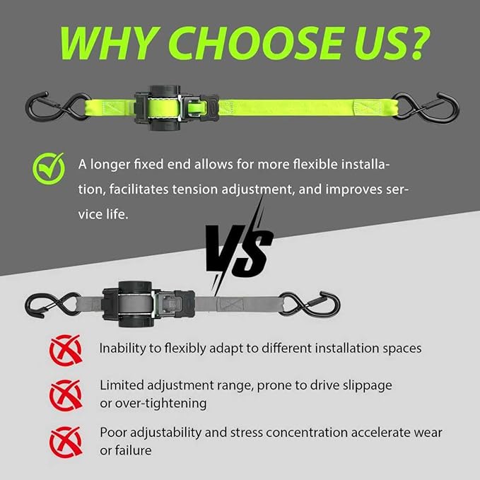 Retractable Ratchet Straps (2-Pack) - Heavy Duty Auto Slow Retraction Tie Down Straps - 1 Inch x 13 Feet (1,800lb Break Strength) for Truck, Cargo Trailer, Motorcycle, ATV, UTV - Fluorescent Green