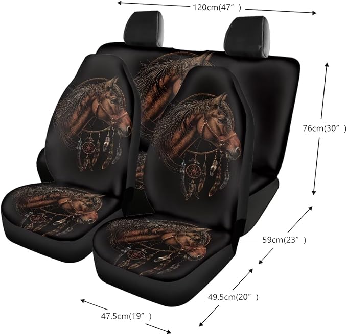 Horse Dreamcatcher Pattern Auto Accessories Set of 13, Car Front and Back Seat Covers Full Set + Steering Wheel Cover + Safe Belt Pad for Car + Coasters with Notch