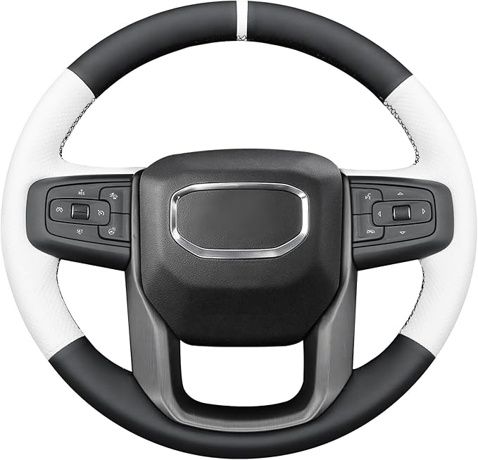 MEWANT DIY Stitched White Leather Steering Wheel Wrap Cover for GMC Sierra 1500 2019-2023 / Sierra 1500 Limited 2022 / Sierra 2500 2020-2024 / Sierra 3500 2020-2024 / Yukon (XL) 2021-2023 Accessories