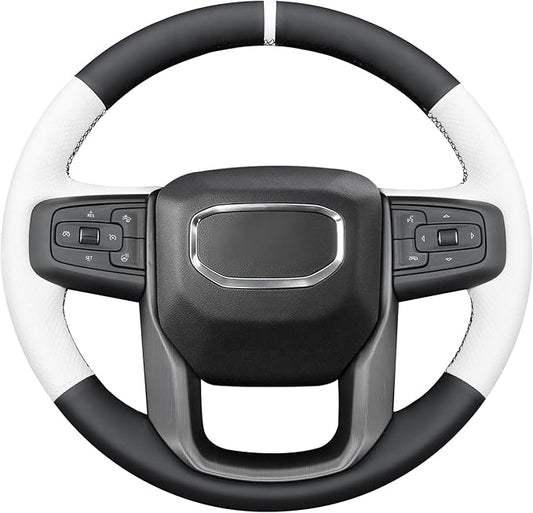 MEWANT DIY Stitched White Leather Steering Wheel Wrap Cover for GMC Sierra 1500 2019-2023 / Sierra 1500 Limited 2022 / Sierra 2500 2020-2024 / Sierra 3500 2020-2024 / Yukon (XL) 2021-2023 Accessories