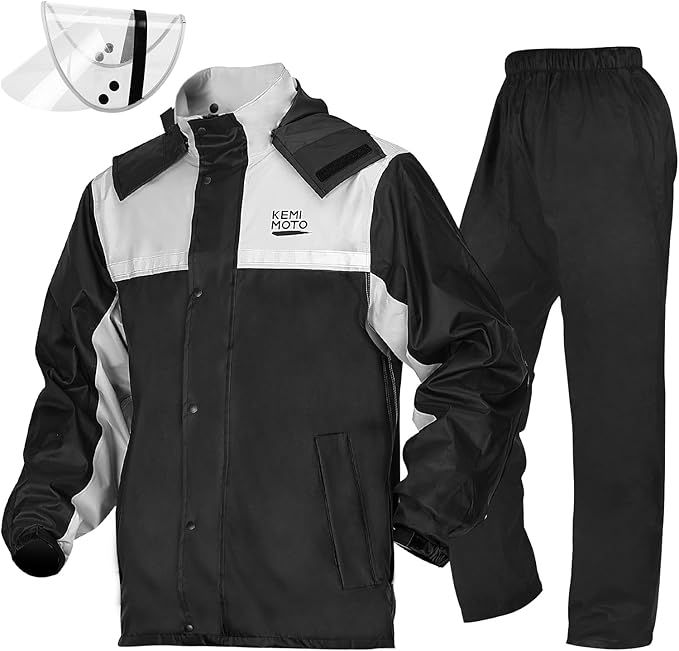 KEMIMOTO Rain Suit for Men, Motorcycle Rain Gear Waterproof Protective Rain Coat with Pants 2 Pieces Rainsuit Breathable Outdoor Fashion Black 2XL