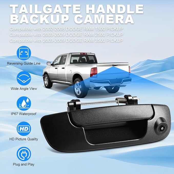 Rear Tailgate Handle Backup Camera Compatible with Dodge Ram 1500 2500 3500 2002-2008 Rear View Reverse Back Up Camera RCA Connector with Key Hole-Textured Black, 55276237AA