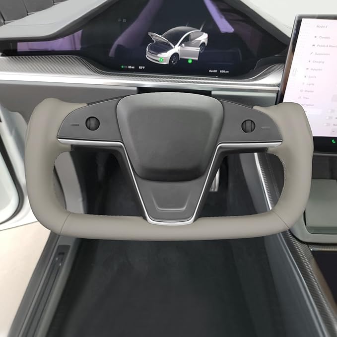 MEWANT Hand Stitch Grey Genuine Leather Steering Wheel Cover for Tesla Model S Plaid Yoke 2021-2023 Model X 2021-2023