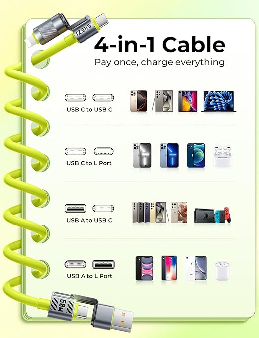 Coiled Green Cable 4-in-1 USB C Cable 60W Compatible with Lightning Cable Fast Charging & Data Transfer, Support to CarPlay & Android Auto, 5FT Multi Cord Combo Charger for iPhone/iPad