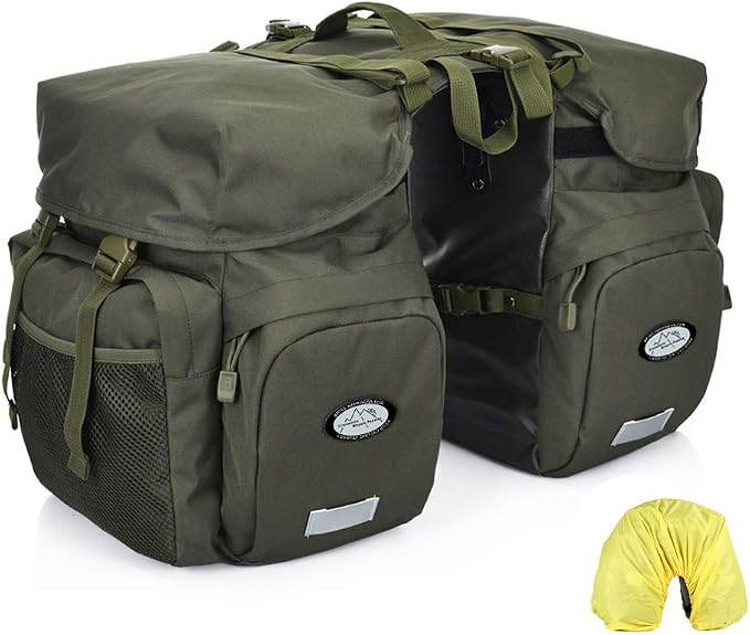 Dreamoon 50L Bike Panniers, Waterproof Bicycle Commuting Bag with Rain Cover, Rear Seat Bag for Rack Width Under 6.3 Inches, Reflective Trim for Safety, Cycling Organizer (Green)