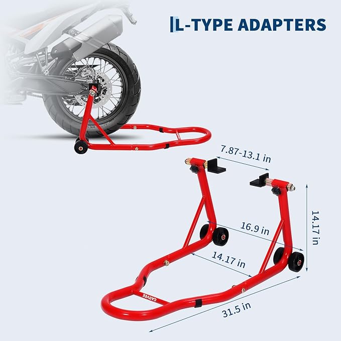Garvee Motorcycle Stands Front and Rear, 900 LB Heavy Duty Front & Rear Wheel Lift Combo with Prong Adapters+L Adjustable Swingarm Spool, Universal Paddock Stands for Most Motorcycles, Red