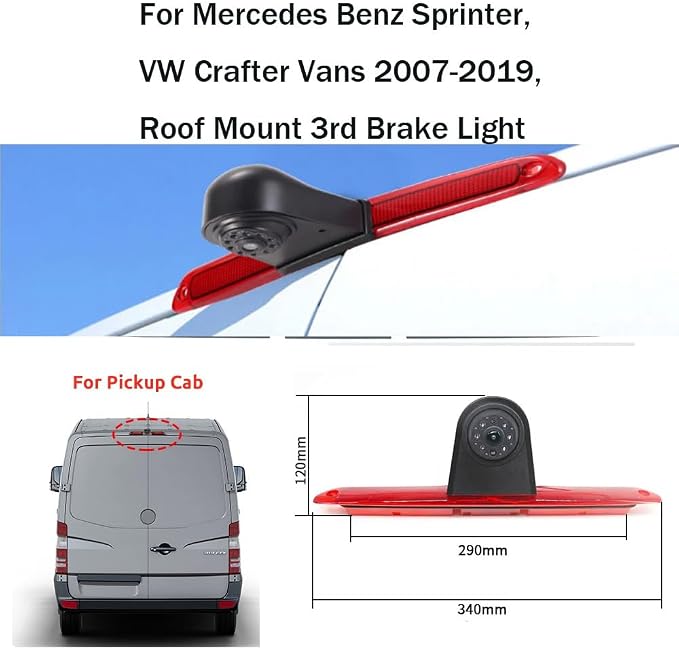 Vehicle Backup Camera for Mercedes Benz Sprinter, VW Crafter Vans 2007-2019, Roof Mount 3rd Brake Light, 170° Night Vision, 12V Reversing Camera with RCA Connector
