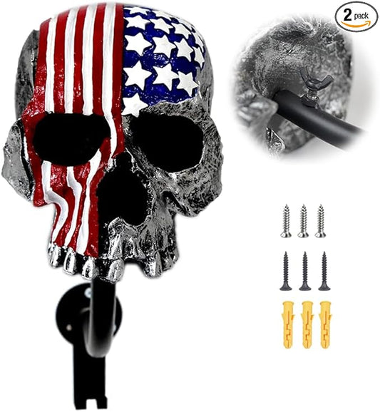 Motorcycle Accessories Helmet Holder Wall Mount, Skull Motorcycle Helmet Rack with 2 Hooks Hanger for Coats, Caps, Sports Equipment