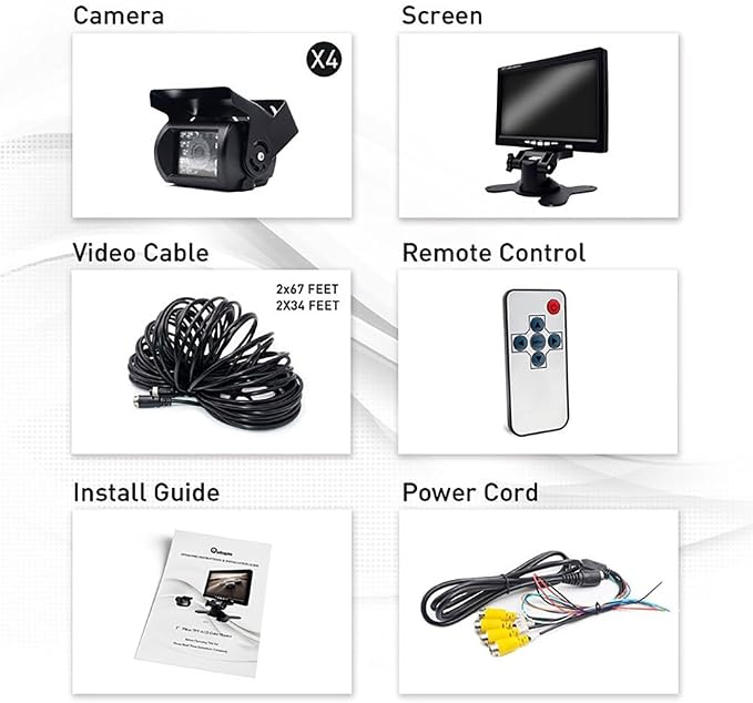 Camecho Vehicle Backup Camera 7 Inch 4 Split Monitor+ 4 Cameras with Front View, Rear View 18 IR Night Vision Waterproof Auto Camera with 2x33 ft and 2x65ft Cables for Trucks, RV, Trailer, Bus