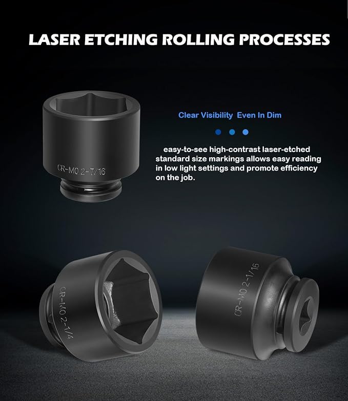 3/4" Drive Spindle Axle Nut Impact Large Socket Set, SAE Standard Sizes 2-1/16 Inch to 2-1/2 Inch, CR-MO Steel, 6-Point, Jumbo Sockets 8PCS for Removing Installing Axle Nuts Socket Heavy Duty